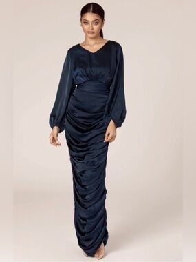 Veiled Collection Navy Blue Ruched Satin Maxi Dress
